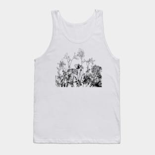 Black White Wild Flowers Botanical Pattern Illustration Vintage Tank Top